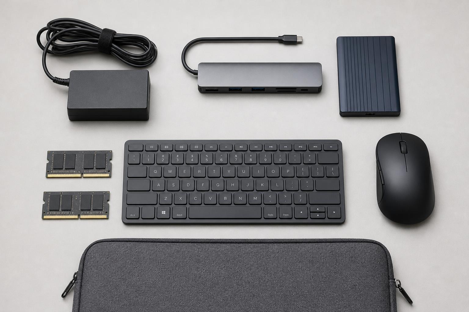 Laptop chargers, USB-C hub, SSD, RAM, mouse, keyboard and laptop sleeve