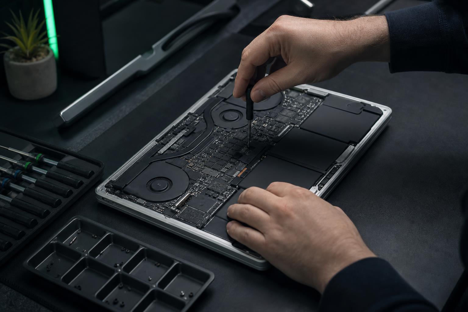 Technician repairing a laptop at Ultracomputer in Brampton