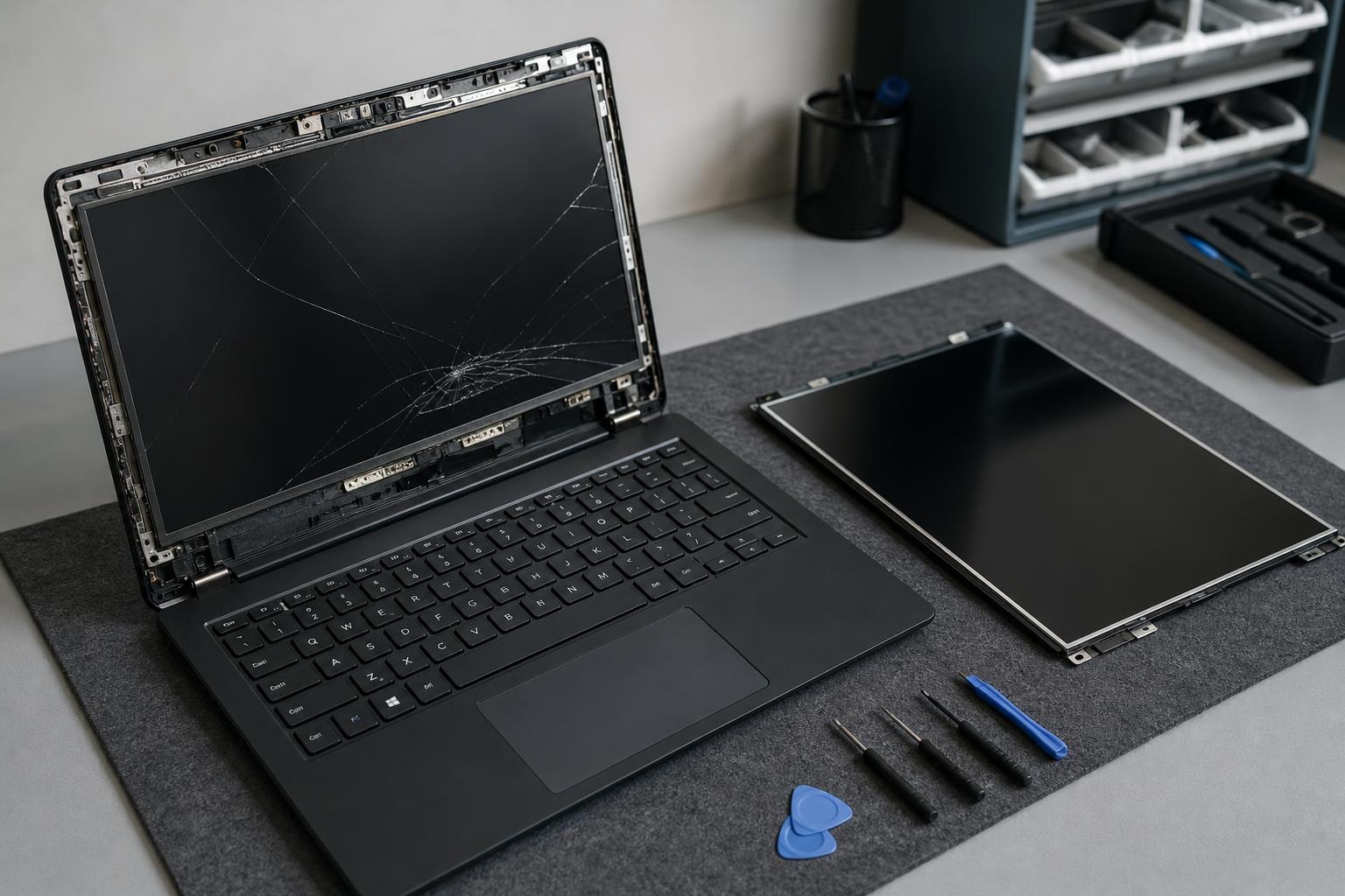 Laptop screen replacement on a repair bench in Brampton
