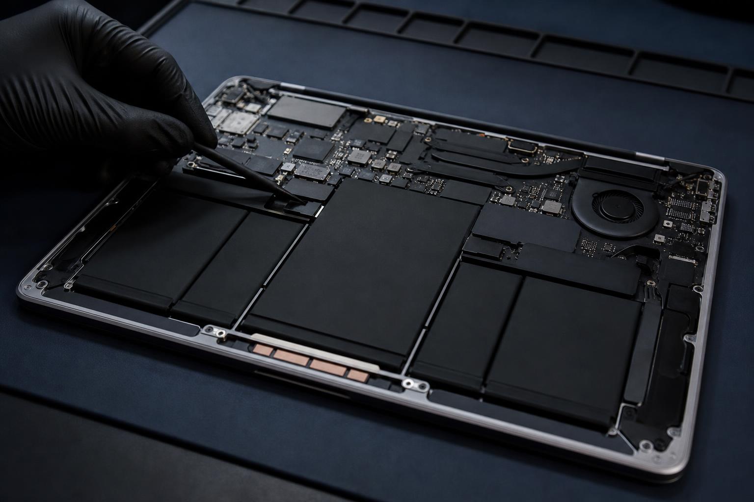 MacBook with bottom case open for battery and logic board repair in Brampton