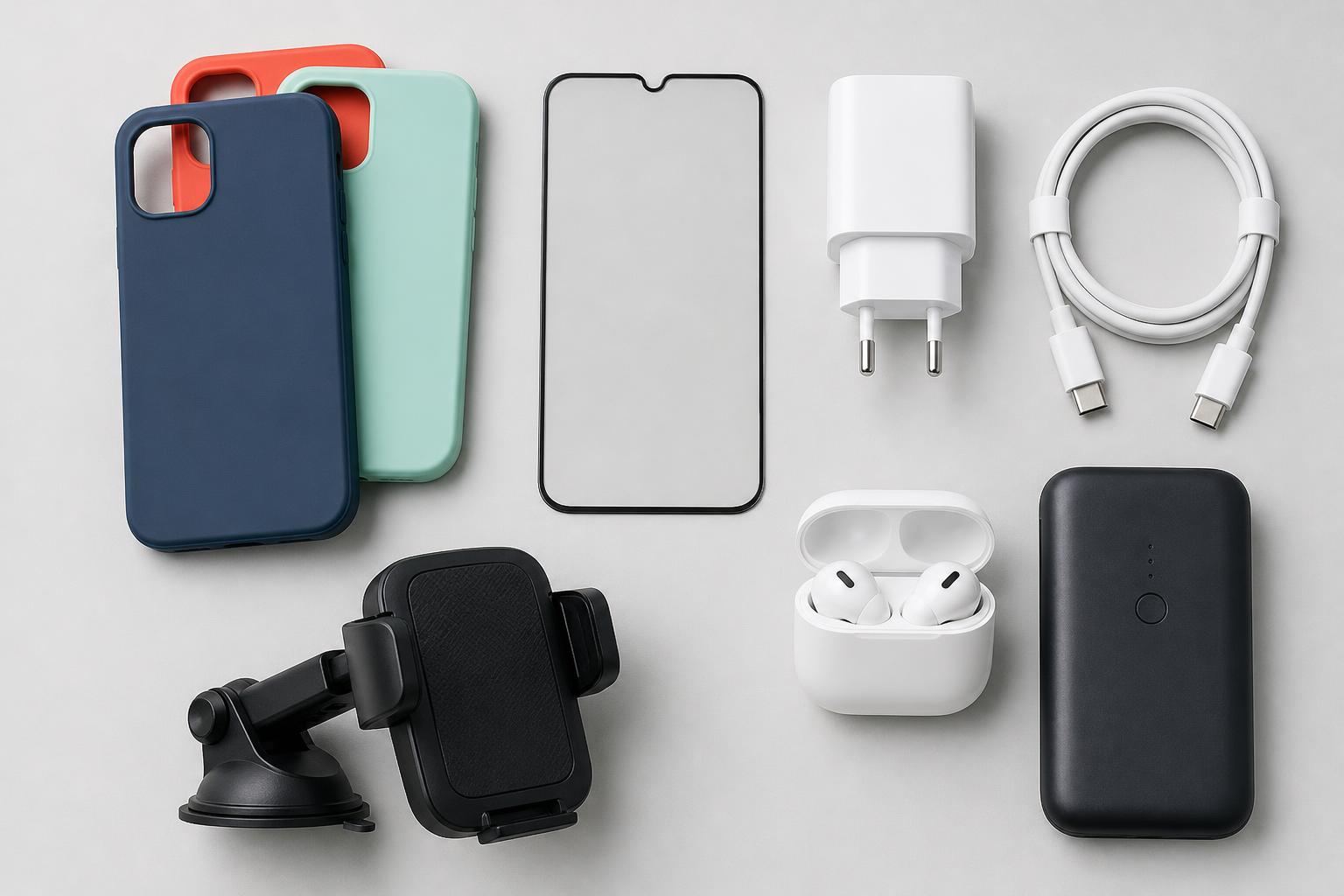 Phone cases, screen protectors, chargers, earbuds, power bank and car mount