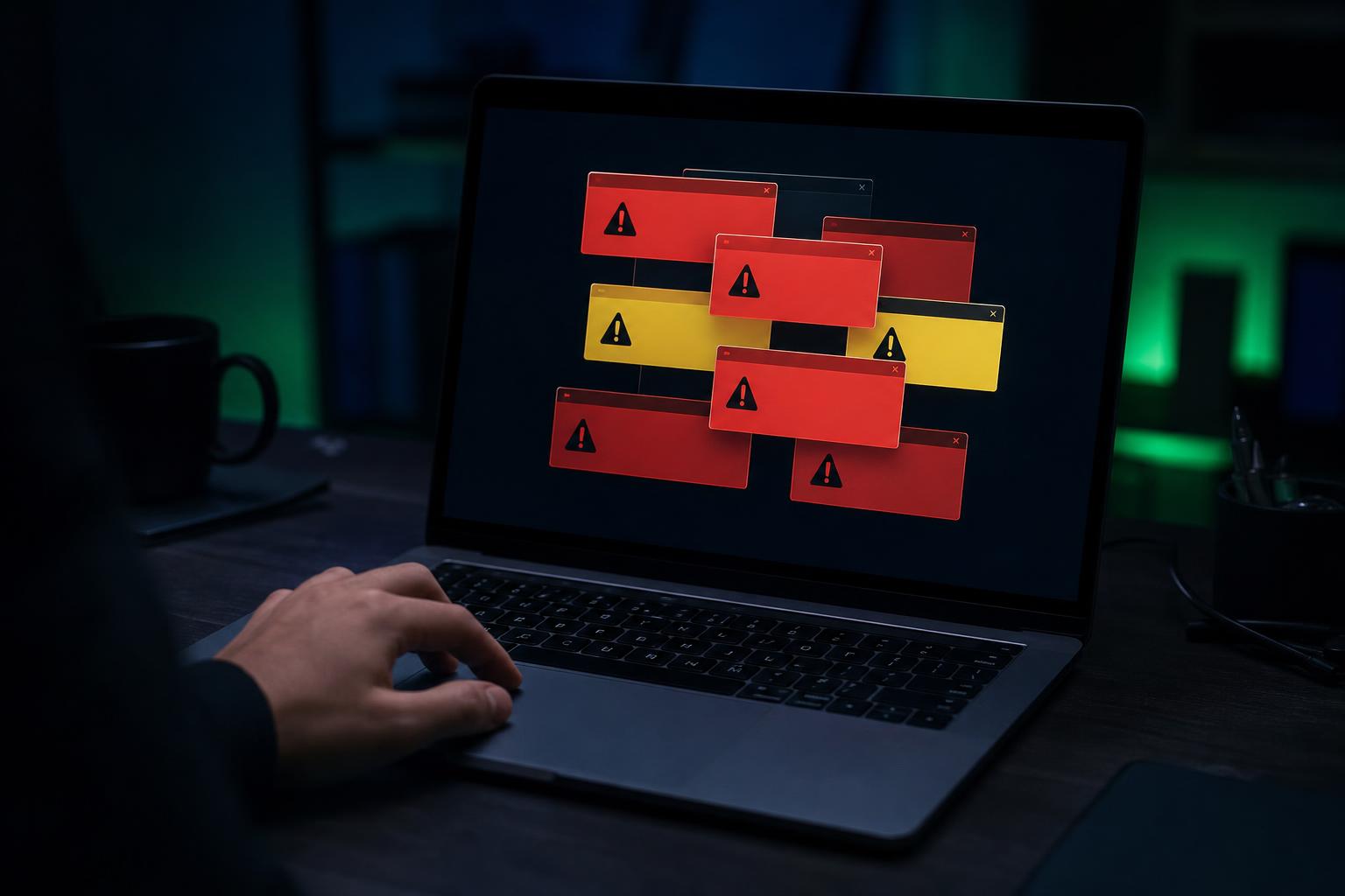 Laptop showing virus pop-up warnings before virus removal in Brampton